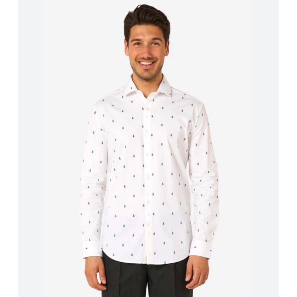 OPPO SUITS Mens White GreenTree Print Tailored Fit LongSleeve ButtonUp Shirt 2XL